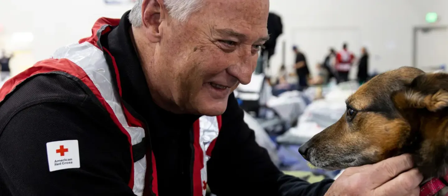 A red cross representative comforts a dog during a natural disaster
